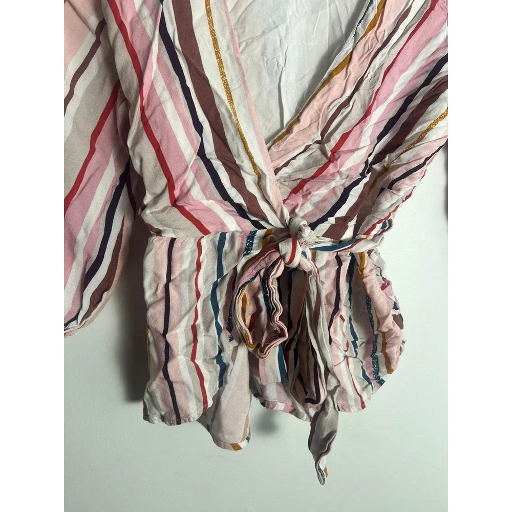 Wm XXS Top Colorful Stripe Rainbow Boho-Chic Blouson Sleeves‎ Tie-Front Festival